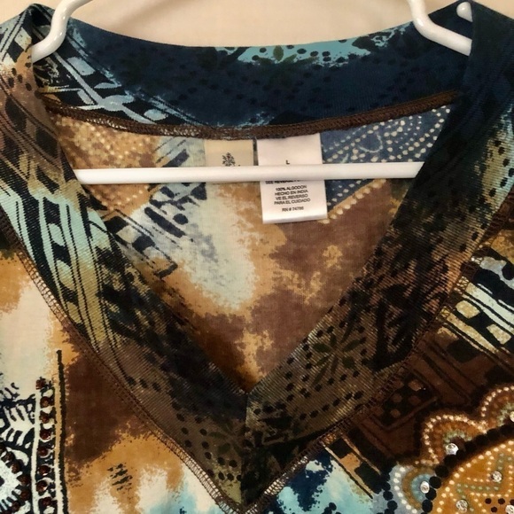 Forbidden Tee brown blue Princess shoulder cap sleeve sparkles beads size Large - Picture 5 of 11